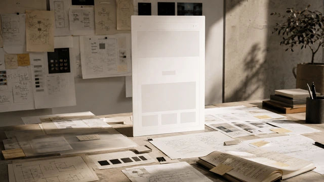 Studio desk in warm daylight covered with printed wireframes, sketchbooks and a large paper layout mockup, with pinned research sheets on the wall behind.