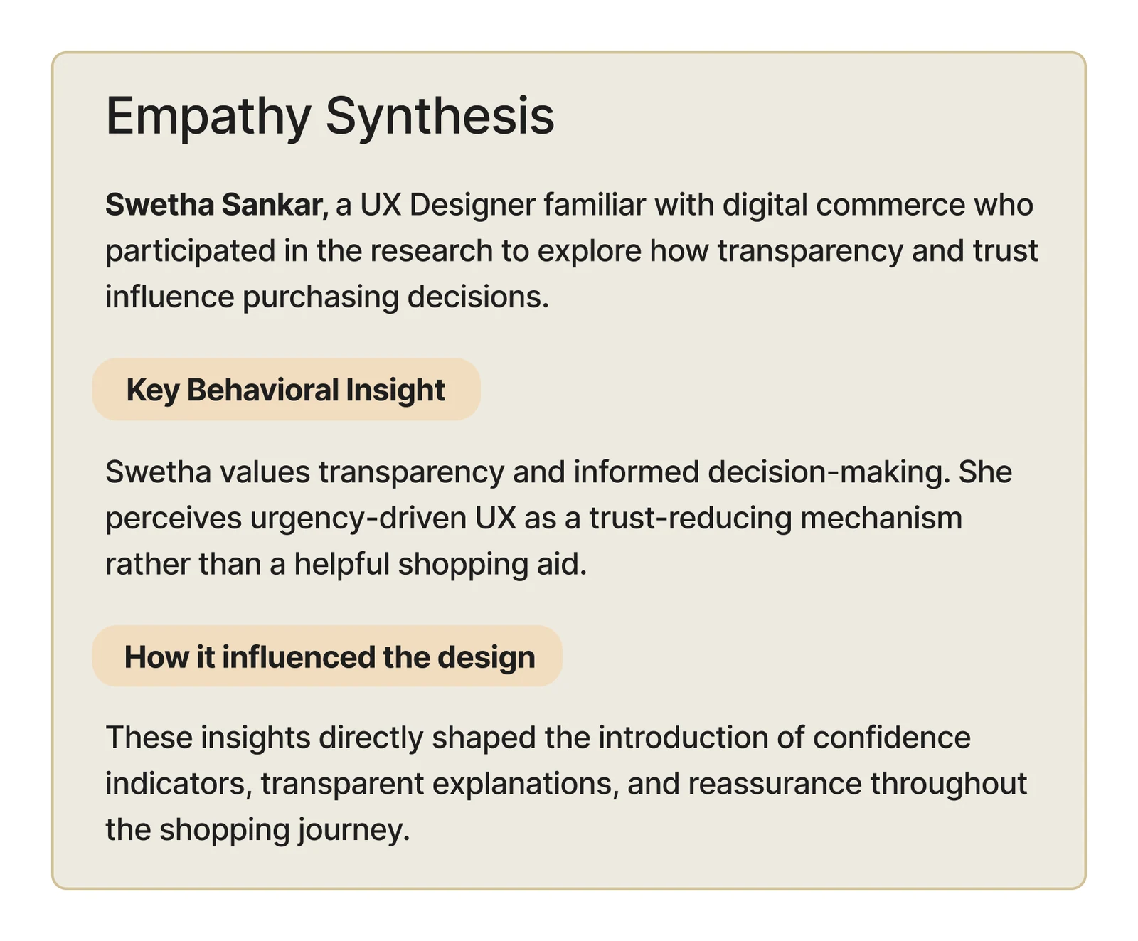 Empathy map artifact summarising the participant's behaviors, thoughts, and feelings during fashion purchases.