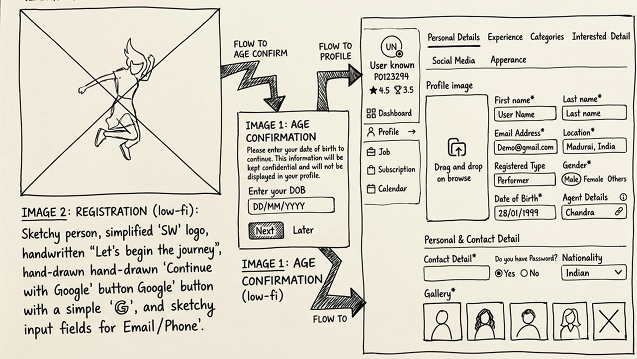 Talent Onboarding low-fidelity wireframes