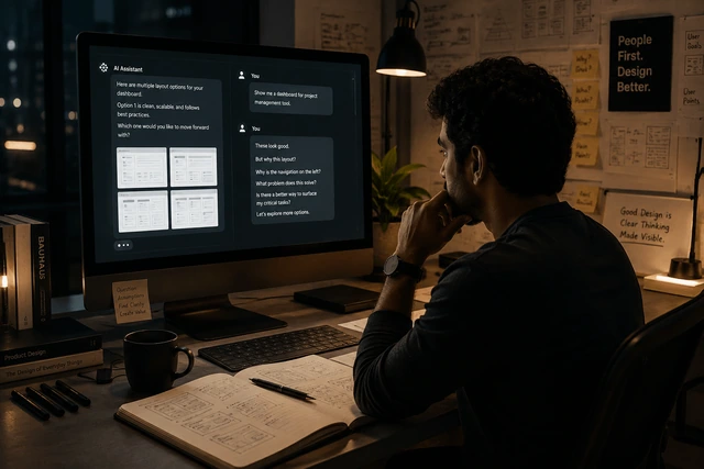 Designer at a dimly lit desk at night, questioning an AI assistant's layout suggestions on screen beside handwritten wireframe sketches.