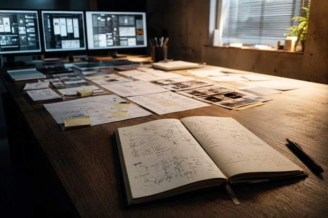 Editorial cover: handwritten research notes, wireframe fragments, arrows and flow diagrams fading softly into a dark charcoal background lit with warm amber light.